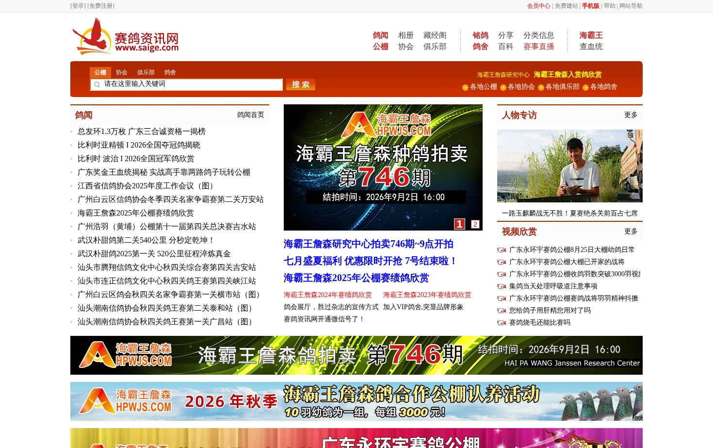赛鸽资讯网 页面快照